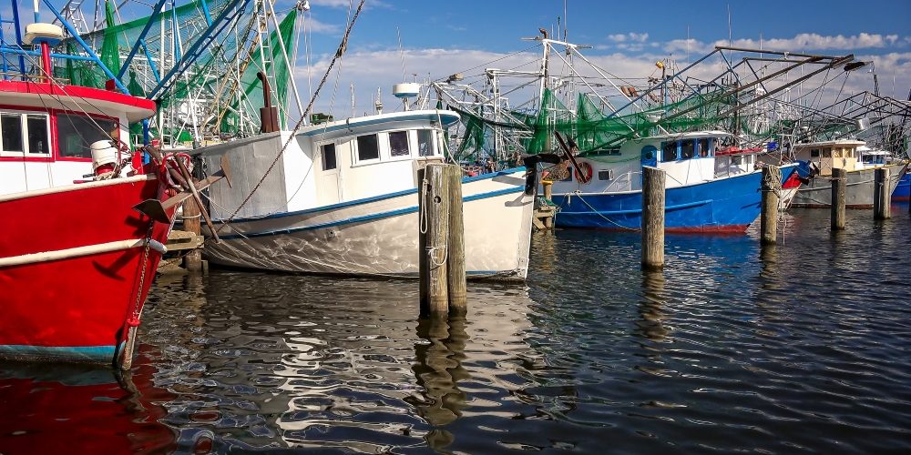shutterstock_712727080 SM red white and blue shrimp boats in harbor