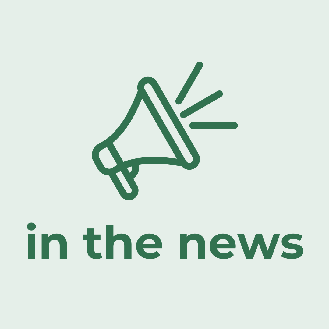 GOAA in the news icon green bullhorn on tan background with "in the news" text