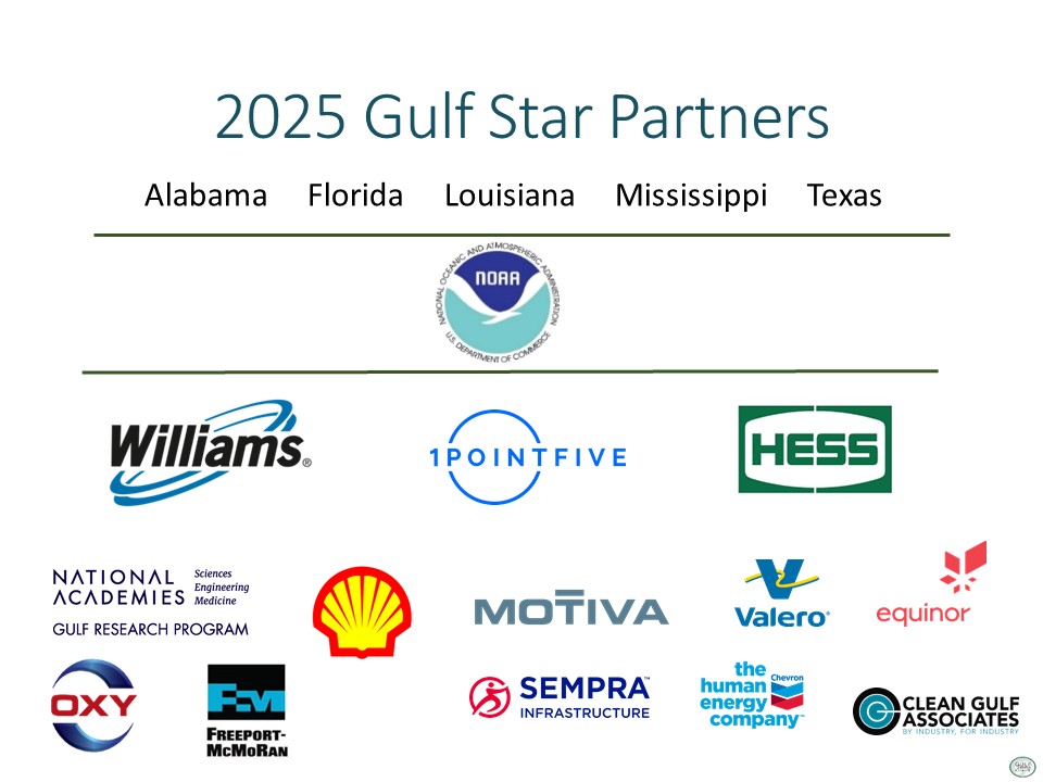 Listing of Gulf Star Partners by logo including NOAA, Williams, 1PointFive, Hess, NASEM, Shell, Freeport McMoran, Motiva, Valero, Chevron, Clean Gulf Associates, Oxy, Sempra Infrastructure, and Equinor